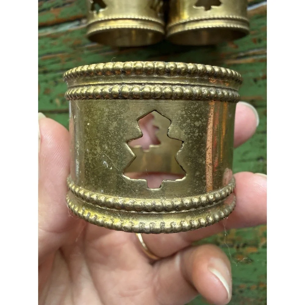 Vintage Brass Christmas Tree Cut Out Napkin Rings Holder Set of 7 Christmas